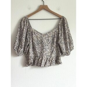 Stitch & Pine Floral Crop Top Linen Blend Lavender Boho Puff Sleeve Tie Back L